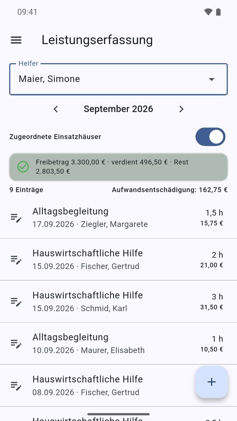 Liste erfasster Einsätze eines Helfers mit Stunden und Aufwandsentschädigung