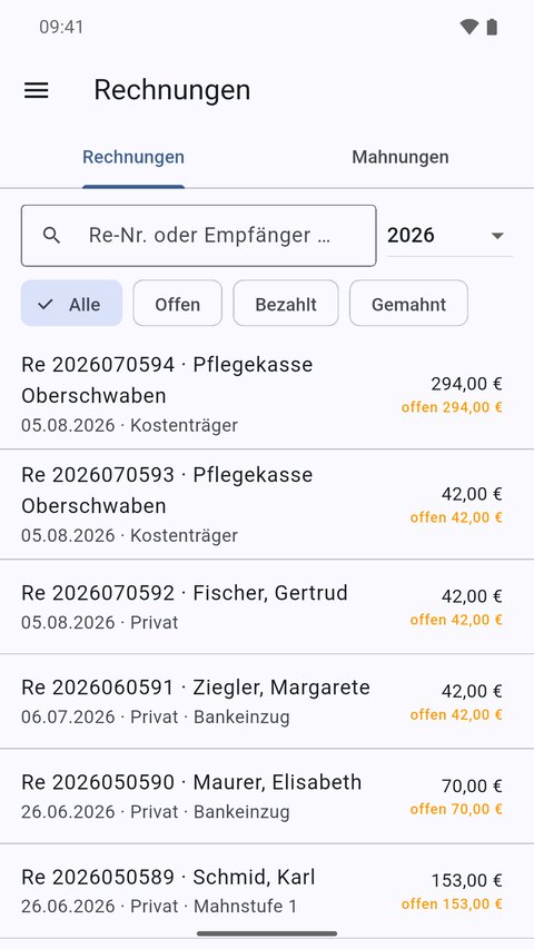 Rechnungsliste mit Filtern für offene, bezahlte und gemahnte Rechnungen