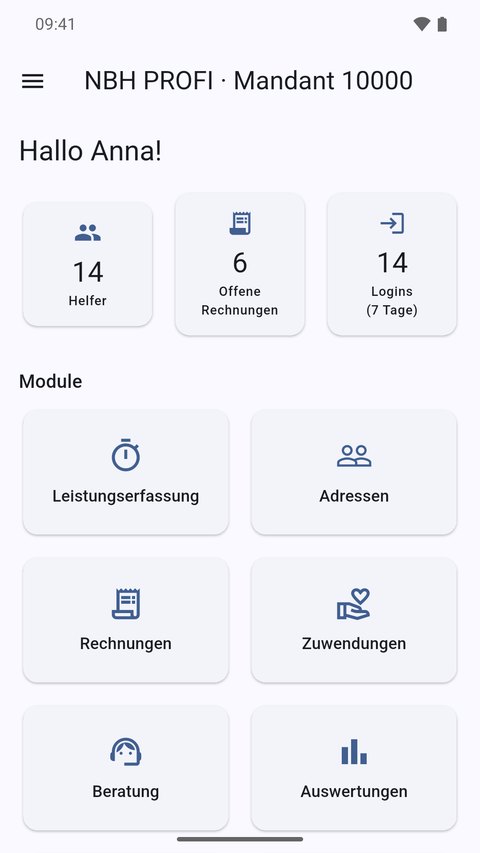 Startbildschirm der App mit Kennzahlen und den Kacheln aller Module