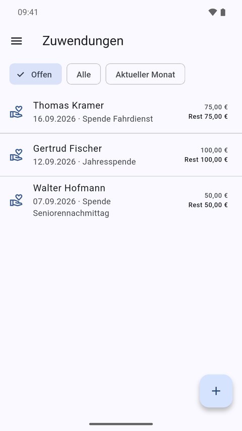 Liste der Zuwendungen mit Spendenzweck, Betrag und offenem Rest